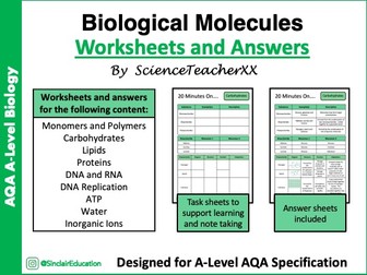 Biological Molecules Worksheets and Answers (AQA A-Level Biology)