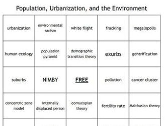 "Population, Urbanization, and the Environment" Bingo Set for a Sociology Course