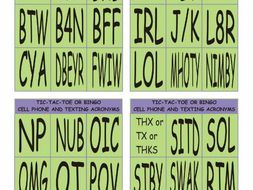 Cell Phones and Texting Acronyms Tic-Tac-Toe or Bingo