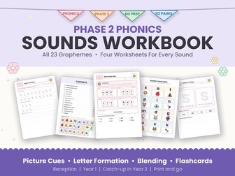 Phase 2 Phonics Sounds Workbook | Letter Formation, Blending & Phoneme Frames | Reception & Year 1