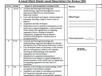 Edexcel A-level Business essay feedback sheets