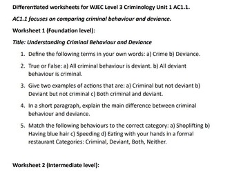 Three differentiated study/cover worksheets for WJEC Level 3 Criminology Unit 1 AC1.1.