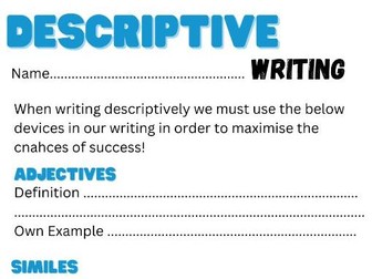 Descriptive Writing Workbook with device definitions, text analysis and Exam style writing