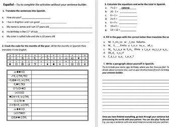 Y7 VIVA Age and Birthday Cover Worksheet