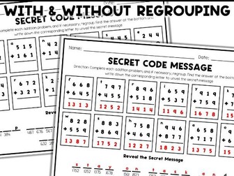 3  Digit Addition With & Without Regrouping Secret Code Words