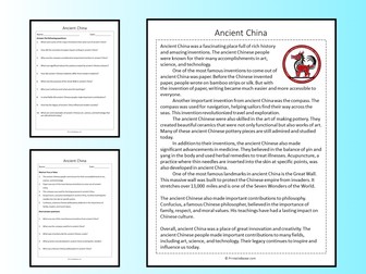 Ancient China Reading Comprehension Passage Printable Worksheet