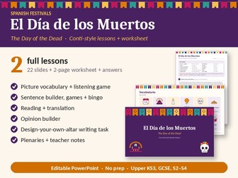 Día de los Muertos Conti-Style: 2 Spanish Lessons + Worksheet (upper KS3/early GCSE)