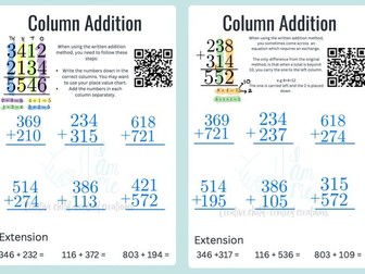 Column addition pack. Developing skills with column addition. Each with videos to support.