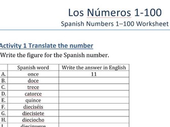 Spanish workbook numbers 1-100