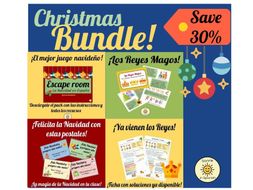 Pack Navidad. Christmas Bundle. Navidad Escape room, Reyes Magos worksheet and lesson and Spanish Christmas Cards