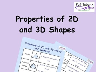 Properties of 2D and 3D Shapes and Symmetry Dictionary Sheet