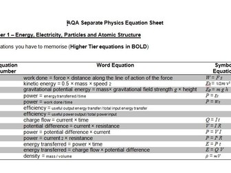 AQA GCSE Physics (Separate) Equation Sheet - Separated into Paper 1 and Paper 2 Equations by topic