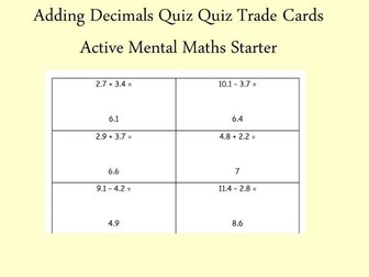 Adding Decimals Quiz Quiz Trade Cards