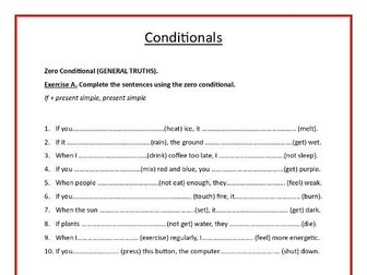 Conditionals (Zero, First, Second, Third) Worksheet and Quiz