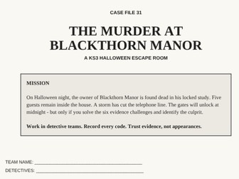KS3 Halloween Escape Room Murder Mystery - Gothic English
