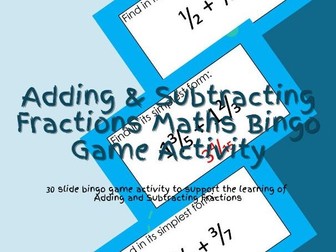 Maths Adding & Subtracting Fractions Bingo Game Activity