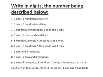 Year 4 Place Value Words to Numbers