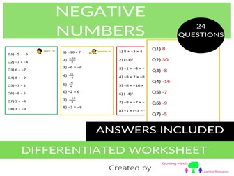 Calculating with Negative Numbers-Differentiated Worksheet
