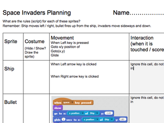 Space Invaders Planning Worksheet