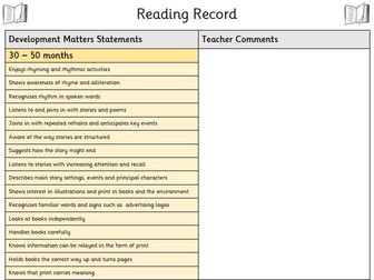 EYFS Reading Records - Individual Tracking Sheet linked to Development Matters