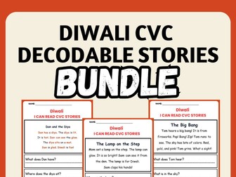 Diwali CVC Decodable Short Stories worksheets with Questions Bundle