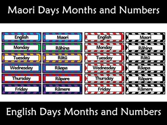 Maori Language Labels Days Months and Numbers