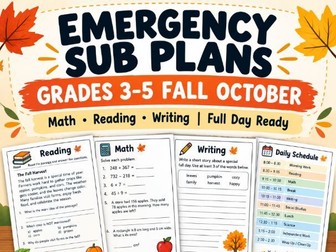 Emergency Sub Plans Template 3rd 4th 5th Grade Fall October