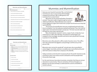 Mummies and Mummification Reading Comprehension Passage Printable Worksheet