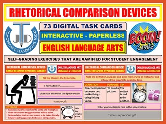 COMPARISON DEVICES - SIMILE, METAPHOR, HYPERBOLE, ANALOGY: 73 BOOM CARDS