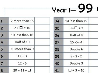 Weekly Arithmetic Practice for Year 1 children (99 club)
