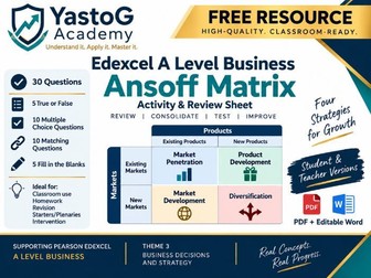 FREE Ansoff Matrix Activity Sheet | Edexcel A Level Business | Student & Teacher Answers