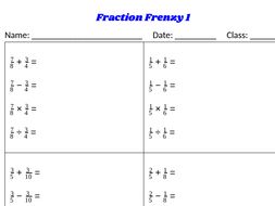 Fraction Frenzy - Mixed Operations with Fractions - Classwork/Homework