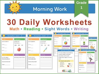 Grade 1 Morning Work – 30 Daily Worksheets (Math, Reading, Sight Words & Writing)