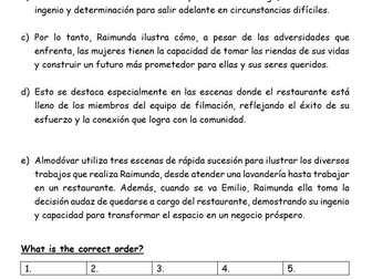 Volver A-Level Spanish Essay Put into Order