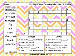 10th 100 fry sight words crossword puzzles teaching