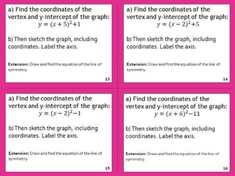 Quadratics Task Cards Vertex Y-intercept Sketching Parabolas