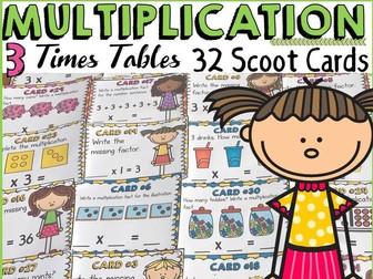 MULTIPLICATION: THREE TIMES TABLES FACTS: SCOOT CARDS