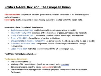 The European Union : A-Level Politics revision Note sheets