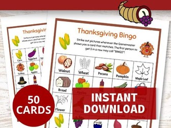 Thanksgiving Bingo Game, 50 Autumn Cards