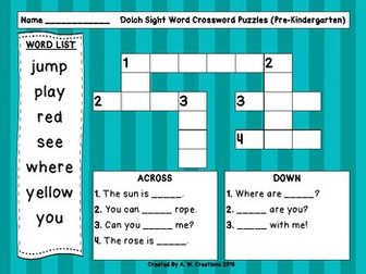 dolch sight words crossword puzzles teaching resources