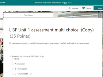 LiBF CiFE Unit 1 multi choice self marking test