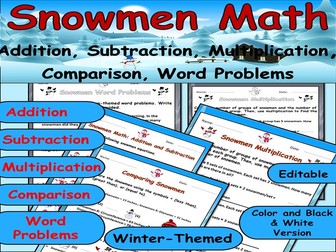 Winter Mixed Operations Worksheet | Addition, Subtraction, Multiplication & Word Problems