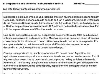 El desperidicio de alimentos comprensión escrita / food waste reading comprehension