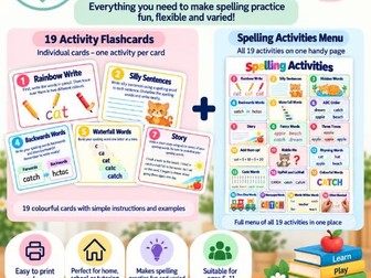 Spelling Activities for Kids Bundle | Printable Spelling Practice Menu and Flashcards | KS1 & KS2