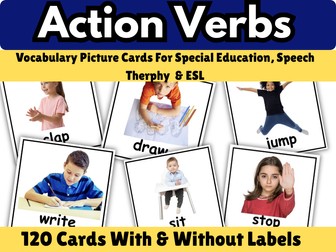 Action Verb Vocabulary Flashcards For Speech Therapy, Autism ESL , Real Photo Cards