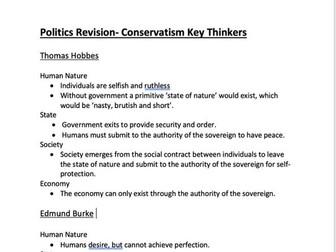 Conservatism Key Thinkers : A-Level Politics Revision Sheet