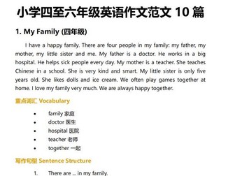 Primary School Easy 10  Examples 小学英语作文例文10篇（4-6年级）