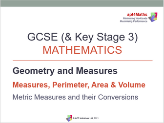 apt4Maths: Powerpoint (2 of 18) on Measures Perimeter Area Volume - METRIC MEASURES & CONVERSIONS