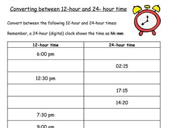 Converting between 12 and 24 hour time worksheet