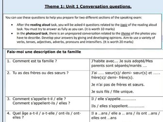 GCSE 2026 - U1 Identity and lifestyle conversation questions